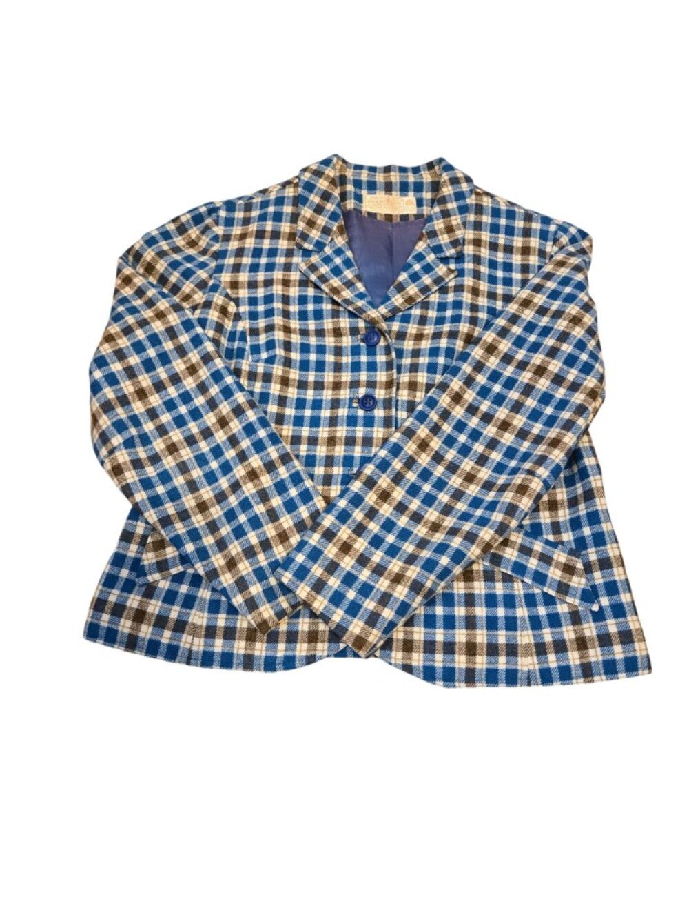 Vintage Pendleton Womens Cropped Blue Brown Plaid Blazer 100% Virgin Wool Sz. 14 - Picture 5 of 11
